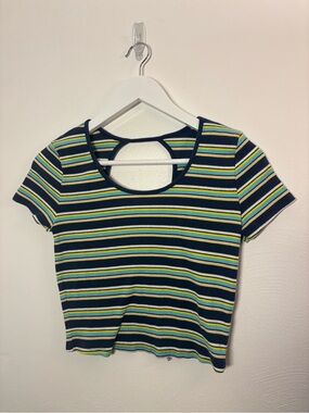 SO Striped Ribbed Scoop Crop Top in Navy, Yellow & Green Size Large